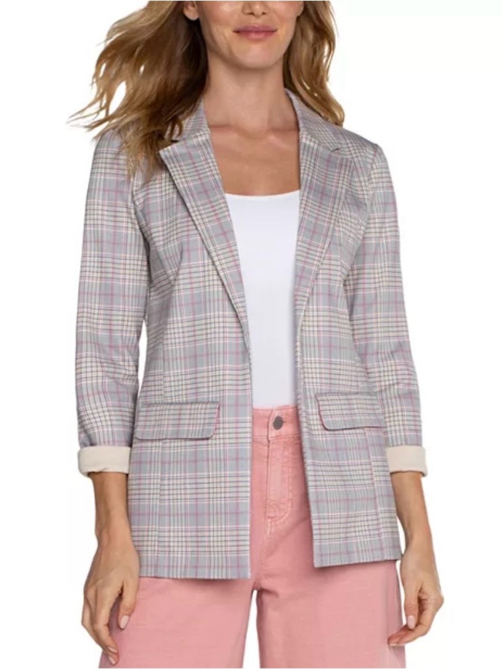Liverpool Los Angeles Plaid Print Ponte Boyfriend Blazer Grey Pink Size 1X